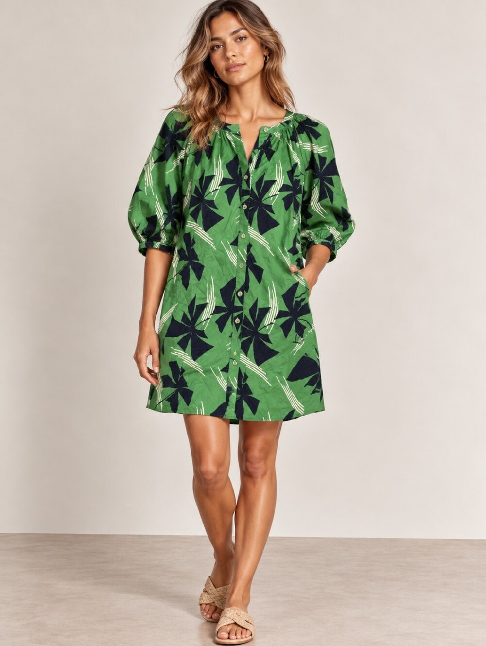 ❤️ STAUD POPLIN BUTTON-FRONT PUFF SLEEVE MINI SHIFT DRESS WITH POCKETS, XS